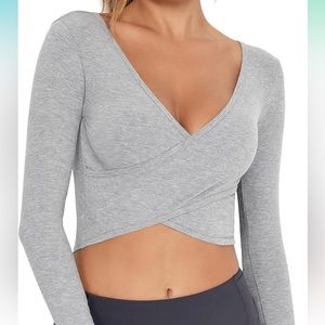 FITTIN Long Sleeve Workout Crop Tops for Women Deep V Neck Athletic